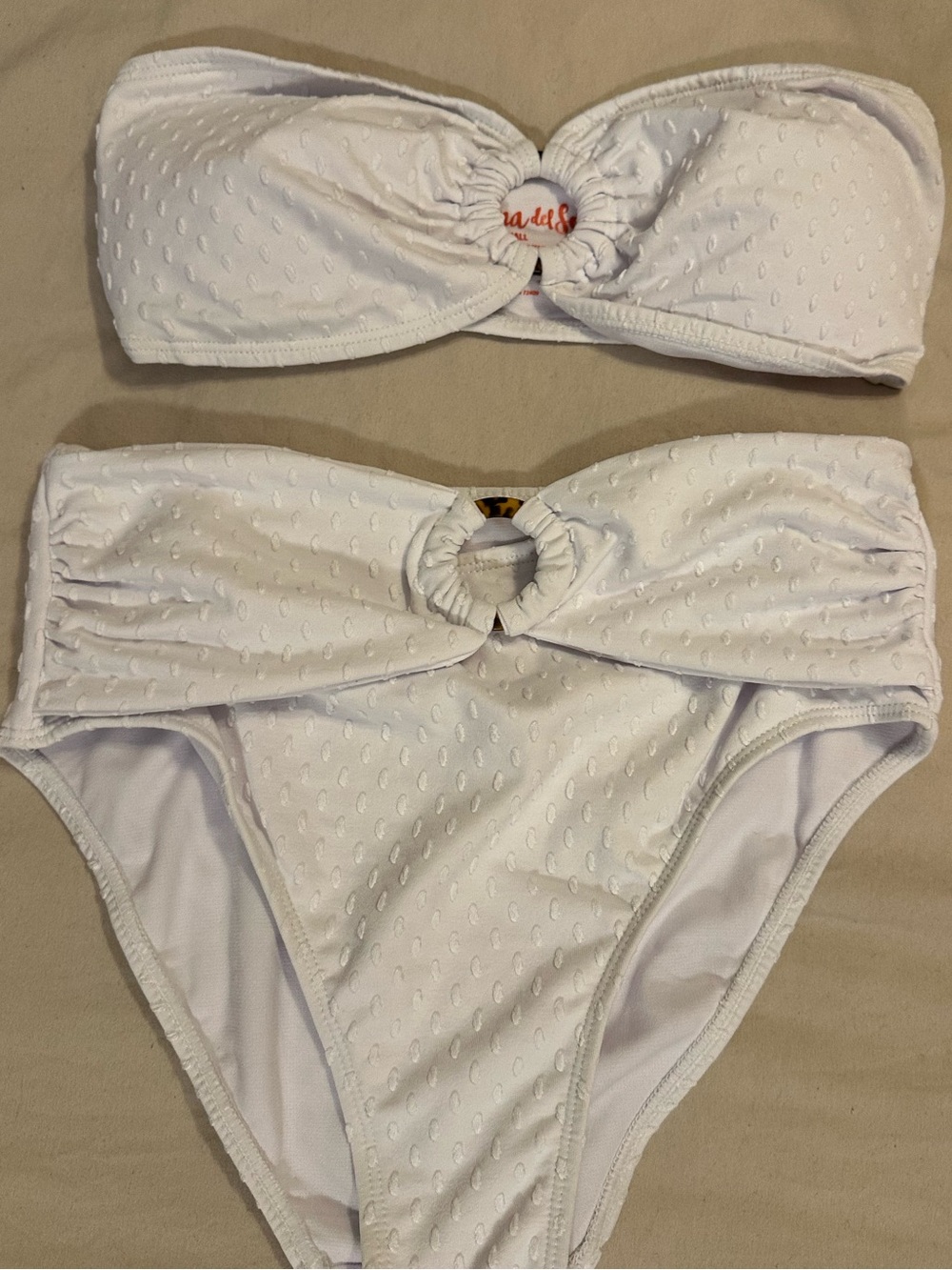 Cabana del Sol White Textured Bandeau Bikini Set with Ring Detail NWOT
